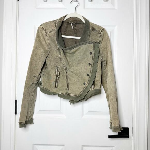 Free People Size Small Collapsing Twill Moto Jacket In Military‎ Distressed Hem - Picture 3 of 7
